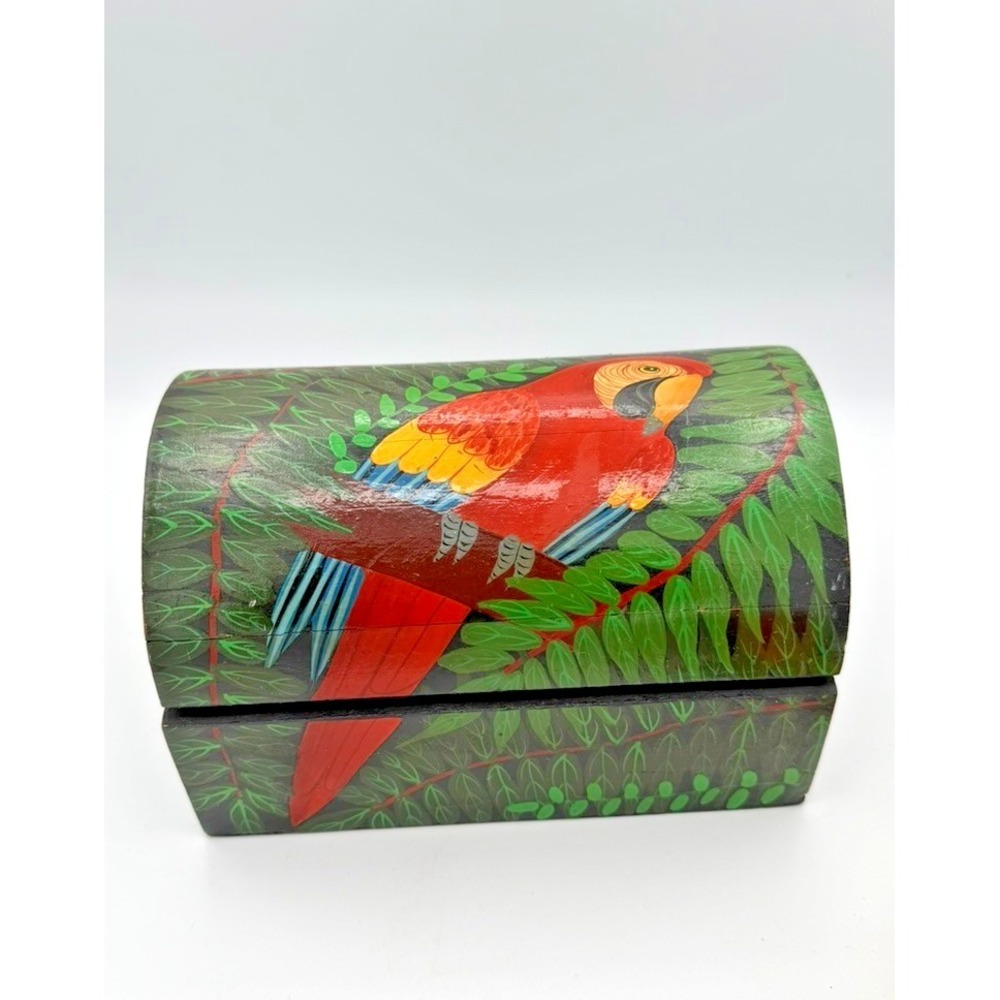 Hand Painted Wooden Jewelry Box Parrot Tropical Bird Hinged Lid Folk Art READ